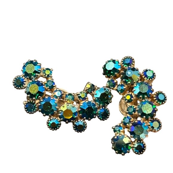 Vintage Weiss Aurora Borealis Blue & Green Rhinestone Cluster Clip-On Earrings - Picture 2 of 14